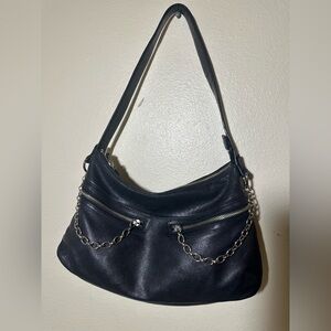 Y2K Jones New York Genuine Black Leather Shoulder Bag with chains and zippers.